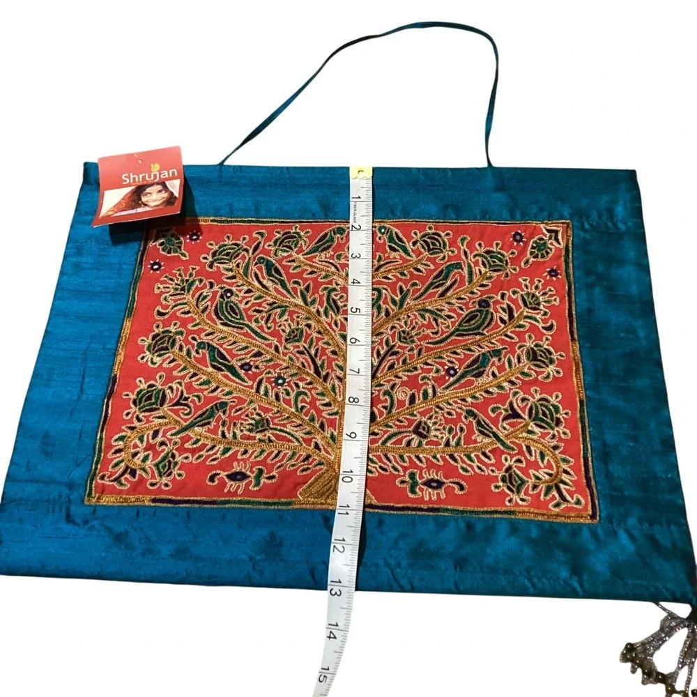 Shrujan Handcrafted Wall Hanging Art Sea‎ Green Raw Silk Tree of Life Embroidery